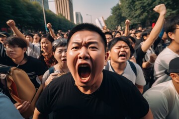 Angry Chinese people protesting on a street