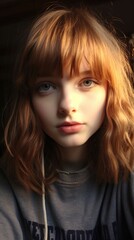 A young woman with red hair and blue eyes. Generative AI.