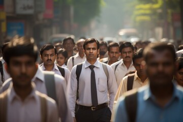 Fototapeta na wymiar Crowd of Indian morning commuters walking street