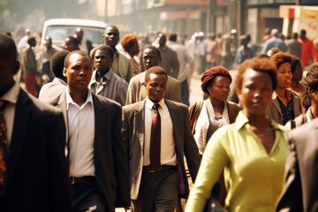 Crowd of African morning commuters walking street - obrazy, fototapety, plakaty
