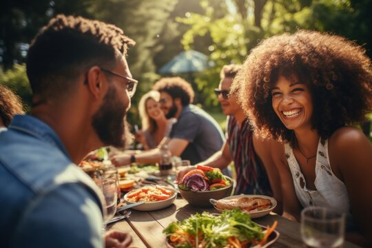 Diverse hip young adults enjoying outdoor meal gathering