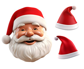 Santa Claus Head and Santas hat in 3D Rendered Set Collection: Realistic for Celebrating Merry Christmas isolated on transparent background - Generative AI
