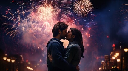 Produce an AI-generated image that captures the essence of a 'Midnight Kiss' on New Year's Eve, highlighting the mesmerizing fireworks display and a sense of joy and excitement.