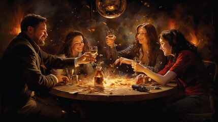 Craft an image of a family or friends toasting with sparkling cider as the clock strikes midnight on New Year's.