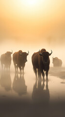 Fototapeta na wymiar Serene Dawn: Cattle Herd in the Misty Sunrise