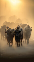 Serene Dawn: Cattle Herd in the Misty Sunrise - obrazy, fototapety, plakaty