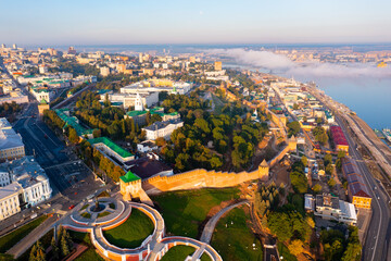 Cityscape of Nizhny Novgorod in morning with view of Kremlin and embankment.