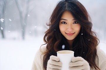 portrait of an asian woman drinking coffee at winter time