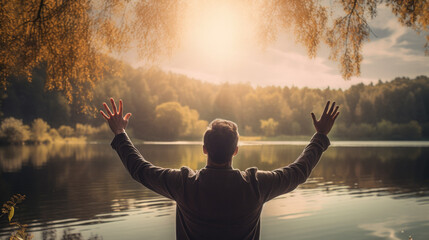 believer with hands raised in prayer by a serene lakeside, showcasing their spiritual connection generative ai - obrazy, fototapety, plakaty