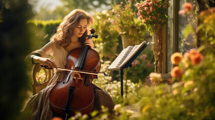 cellist playing a cello in a picturesque garden generative ai - obrazy, fototapety, plakaty