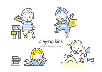 それぞれ楽しく遊ぶ子供たち　シンプルでかわいい線画イラスト - obrazy, fototapety, plakaty