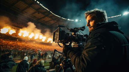 cinematographer capturing an action sequence in a stadium generative ai - obrazy, fototapety, plakaty