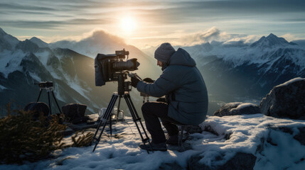 cinematographer setting up a camera for a mountain scene, generative ai