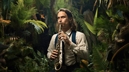 clarinetist playing a clarinet in a lush jungle generative ai - obrazy, fototapety, plakaty