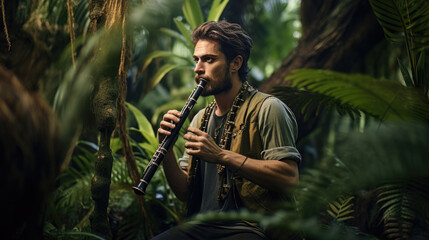 clarinetist playing a clarinet in a lush jungle generative ai - obrazy, fototapety, plakaty