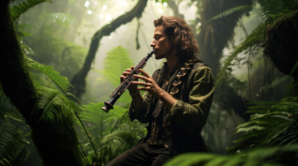 clarinetist playing a clarinet in a lush jungle generative ai