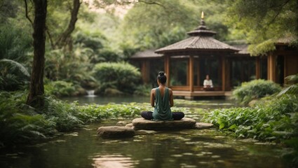 A serene oasis where individuals practice mindfulness, yoga and meditation, surrounded by lush...