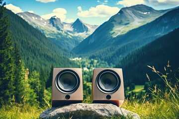 Close-up of acoustic sound speakers on a mountain backdrop, highlighting multimedia and audio...