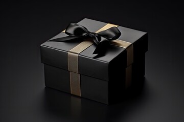 Black gift box on black background representing Black Friday.