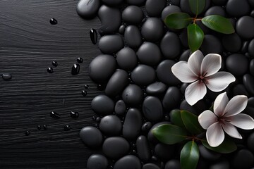 Black massage stones and spa flowers placed on wooden board for a tranquil spa setting, with copy space, overhead view.