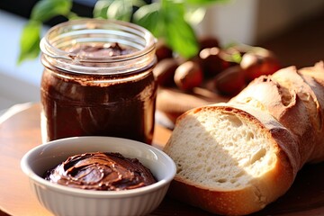 Breakfast with bread rolls includes nutella, a chocolate nut spread.