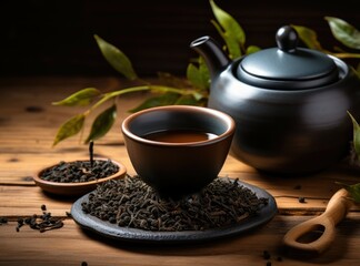 Chinese tea ritual with a ceramic teapot, scoop, and cup containing famous Chinese oolong tea Da Hong Pao, surrounded by steam on a wooden backdrop, seen from above. - obrazy, fototapety, plakaty
