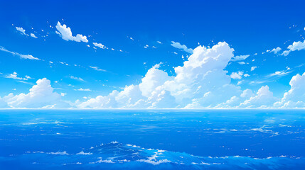 広大な海と空のアニメ風イラスト風景 - obrazy, fototapety, plakaty