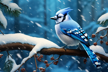 blue jay sitting on a snowy branch, AI Generative.