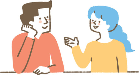 笑顔で話し合う若い夫婦_色