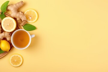 Top view of a cup of ginger tea with lemon, honey, and mint on a beige background, representing alternative medicine for cold and flu.