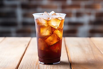 Icy black tea in plastic cup on rustic white backdrop.