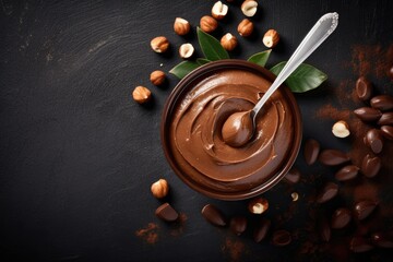 Top-down view of a spoon filled with delectable chocolate cream and hazelnut spread, sprinkled with crunchy nuts and chocolate, alongside a designated area for text.