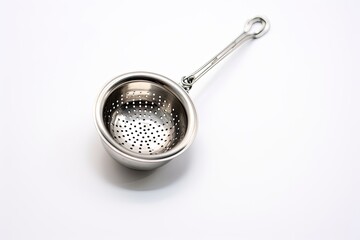 Stainless steel strainers for tea and oil on a white background.