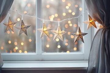 Festive room with stylish paper Christmas stars and lights hanging in window. Handmade Swedish stars and garland create a Scandinavian atmosphere during Christmas.