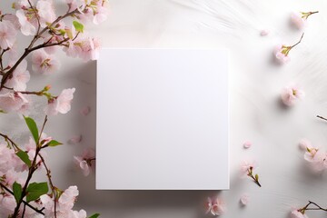 Top-view mockup for presenting cosmetic products, goods, and branding - white square podium with pink cherry flowers and petals in sunlight on white wood background.