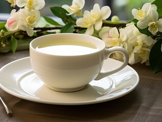 Fototapeta premium Vanilla flower and saucer accompany a white cup of green oolong tea.