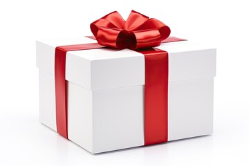 White gift box with red bow on white background - Clipping path included.