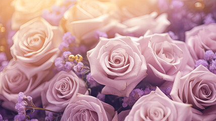 Obraz premium Yellow and violet roses, soft glow, sweetness in every hue.