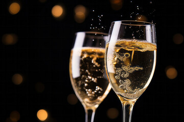 Glasses of sparkling champagne against a black background ready for a celebration