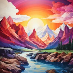 Colorful mountain peak background vivid color painting illustration wall art with generative ai