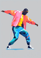 Black dude dancing hiphop style - in a vector style illustration, isolated n a grey background, with vibrant pastel colours and natural looking brush strokes
