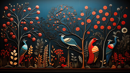 Traditional Indian Madhubani style painting of a birds on a textured background.