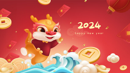 Spring Festival background design a lovely dragon and flying red envelopes