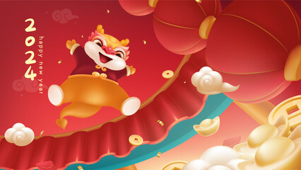 Spring Festival background design a lovely dragon falling from the sky