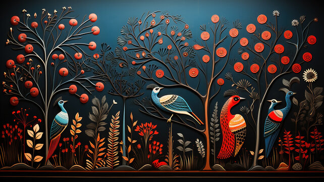 Traditional Indian Madhubani style painting of a birds on a textured background.