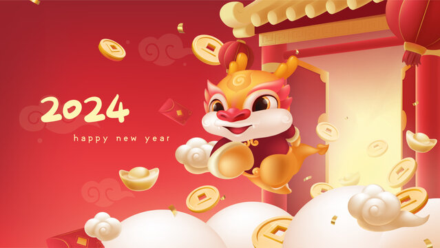 Spring Festival background design cute dragon rushes out of the door