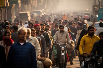 Crowd of Indian morning commuters walking street - obrazy, fototapety, plakaty