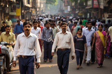 Crowd of Indian morning commuters walking street - obrazy, fototapety, plakaty