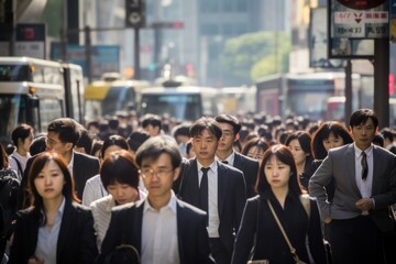 Crowd of Asian commuter people walking street - obrazy, fototapety, plakaty