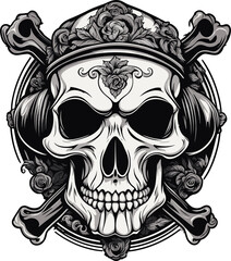 Obraz premium skull with crossbones and headphones, vector, black and white, logo, sticker, rock n roll - Generative AI